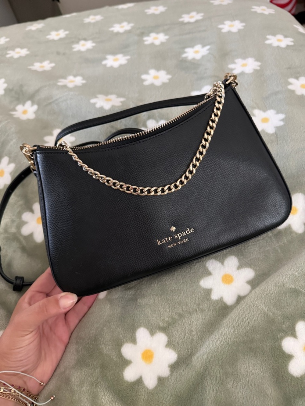 kate spade Black Leather Shoulder Bag with Gold Chain